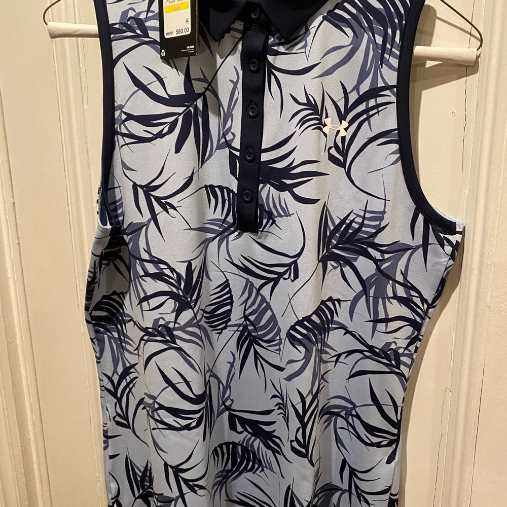 Under Armour Navy and White Leaf Print Sleeveless Polo Shirt Pickleball Tennis
